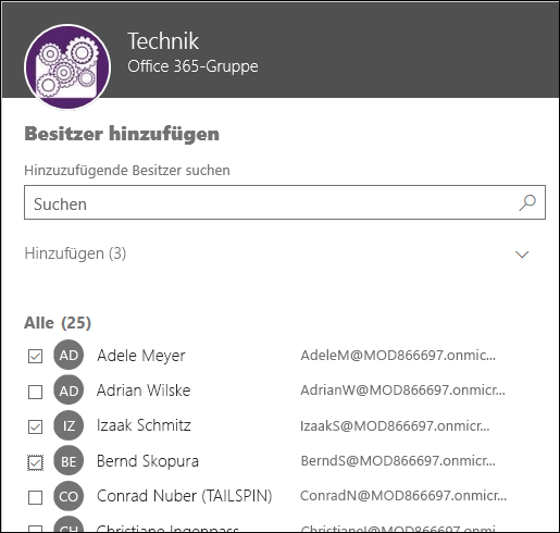 Über dieses Dialogfeld können Sie bis zu 10 Besitzer zum Verwalten Ihrer Gruppe auswählen.