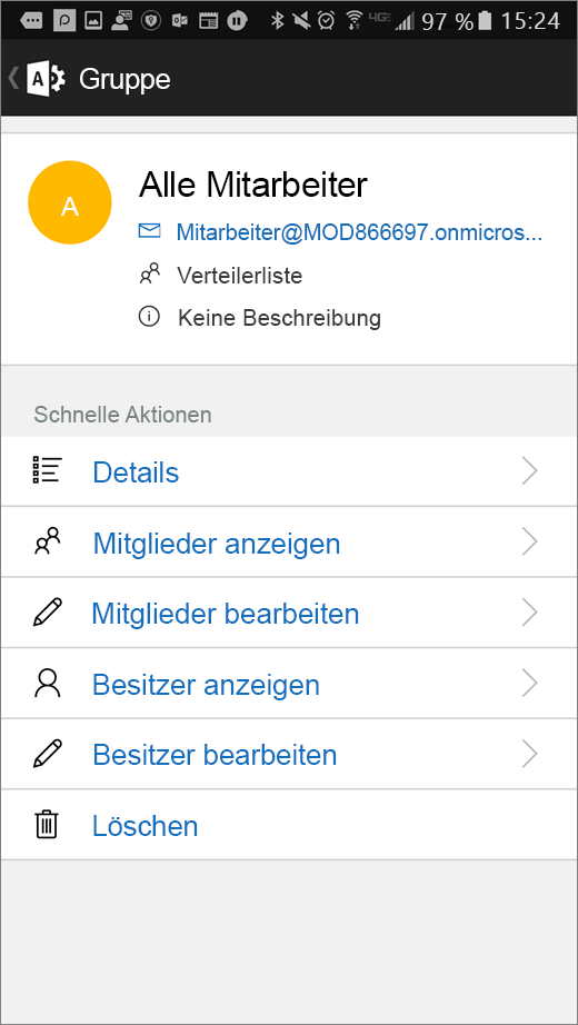 Wählen Sie Ihre Gruppe in der Office 365 Administrator-App aus, um Details wie Mitgliedschaft oder Besitzer zu bearbeiten.