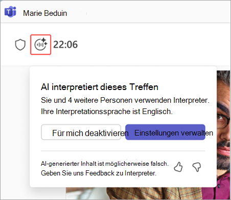 Screenshot mit hervorgehobenem Interpreter-Indikator in einer Microsoft Teams-Besprechung.