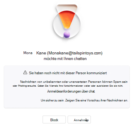 Text, in dem der Benutzer aufgefordert wird, neuen Chat zu akzeptieren oder zu blockieren