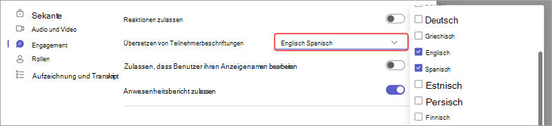 Besprechungsoption, die zeigt, wie Sprachen für übersetzte Liveuntertitel in einem Ereignis hinzugefügt werden.