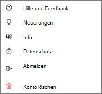 Screenshot: Microsoft Teams Free mobile Einstellungen mit Hilfe, Neuigkeiten, Informationen zum Datenschutz, Abmelden und Löschen des Kontos