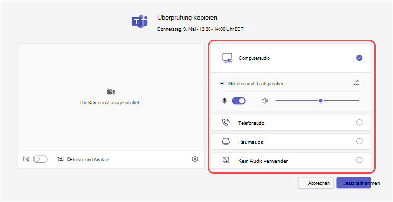 Wählen Sie auf dem Bildschirm vor der Teilnahme Ihre Audioquelle für eine Besprechung aus.