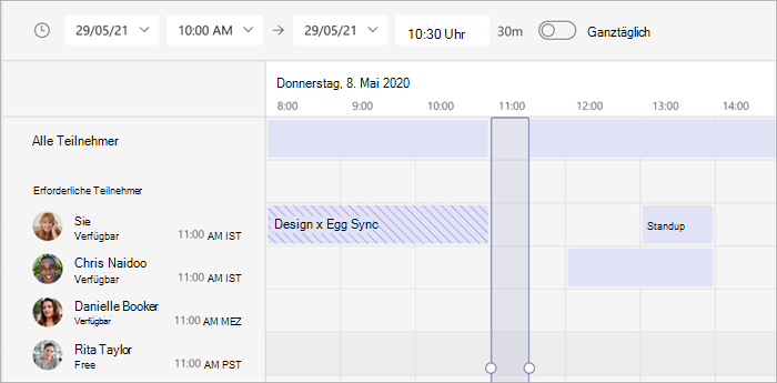 Screenshot der Zeitzonenansicht des Zeitplanungs-Assistenten in Teams