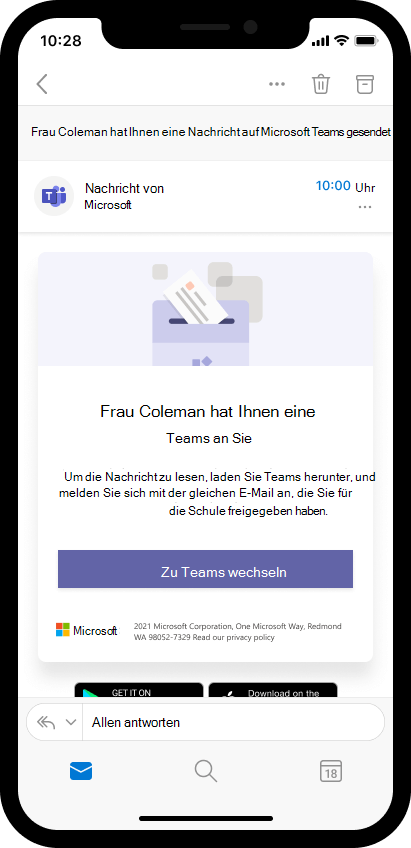 Screenshot: E-Mail auf einem mobilen Gerät, auf dem Eltern zum Öffnen einer Nachricht für Lehrkräfte in Teams eingeladen werden.