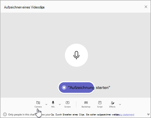 Screenshot der Option zum Aufzeichnen eines Videoclips, der nur als Audio in Microsoft Teams verwendet wird.