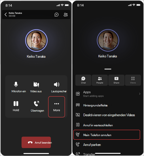 Screenshot: Schritte zum Verschieben eines Anrufs von Teams Phone Mobile auf mobiltelefon