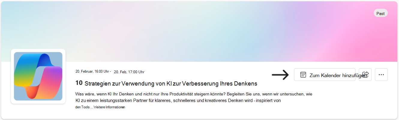 Verwenden Sie den Link Zu Kalender hinzufügen, um Ihrem Zeitplan ein Ereignis hinzuzufügen.