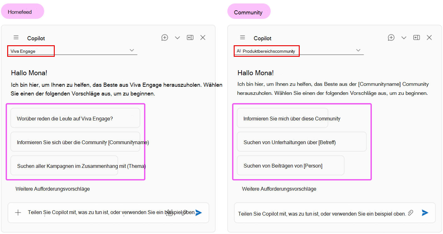Der Kontext wirkt sich darauf aus, was Copilot Ihnen für Standardabfragen bietet.