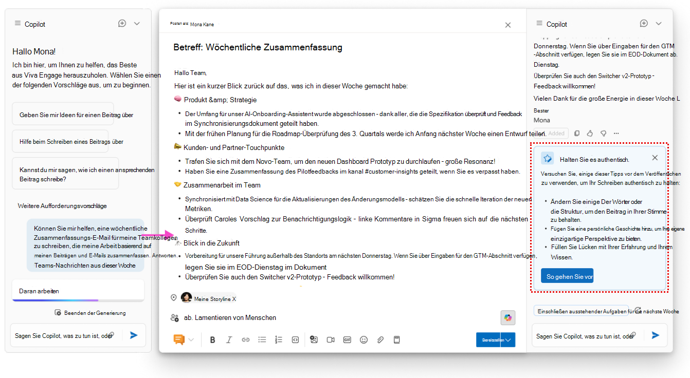 Copilot-Schreibhilfe kann stilistische und praktische Hinweise geben, um Ihren Ansatz für wichtige Gruppenkommunikation und -antworten zu stärken