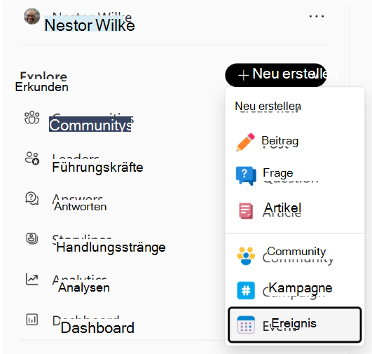 Die Engage linken Navigationsleiste stellt das Menü Neu erstellen bereit.