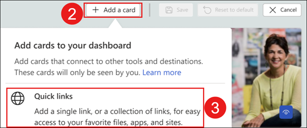 Screenshot showing steps to add the quick links card.