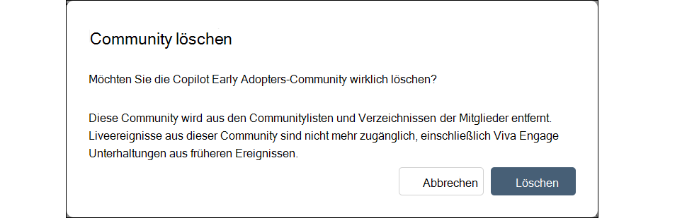 Screenshot des Dialogfelds zum Löschen einer Engage Community unter Einstellungen.