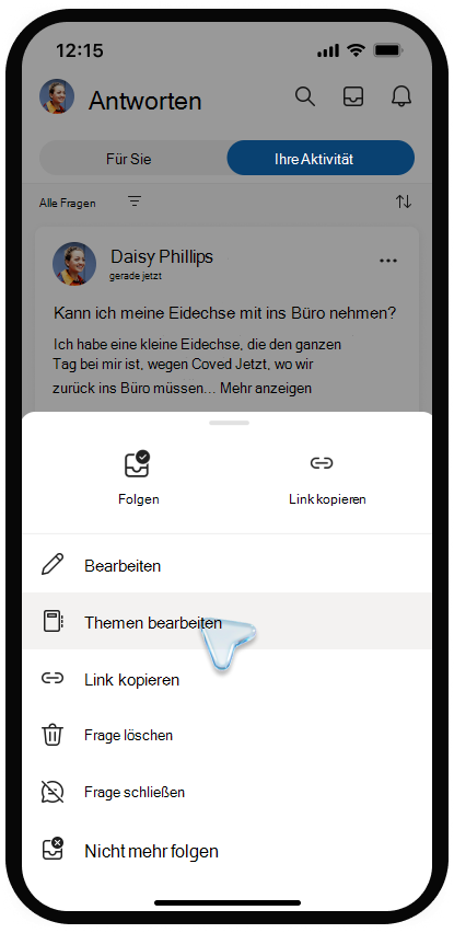 Screenshot des Menüs zum Bearbeiten von Themen in Viva Engage auf einem mobilen Gerät.