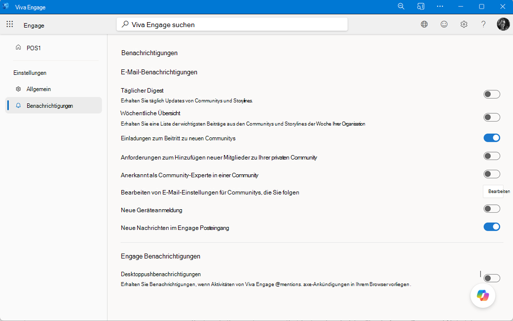 einstellungen für Engage net work notifications