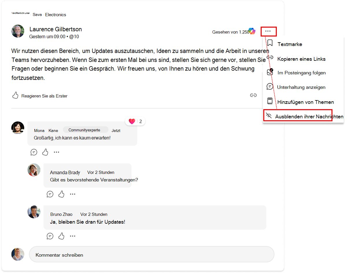 Blendet einen Benutzer in einem Unterhaltungsthread aus. Diese Aktion blendet die Kommunikation weiterhin in allen Kontexten von Engage aus.