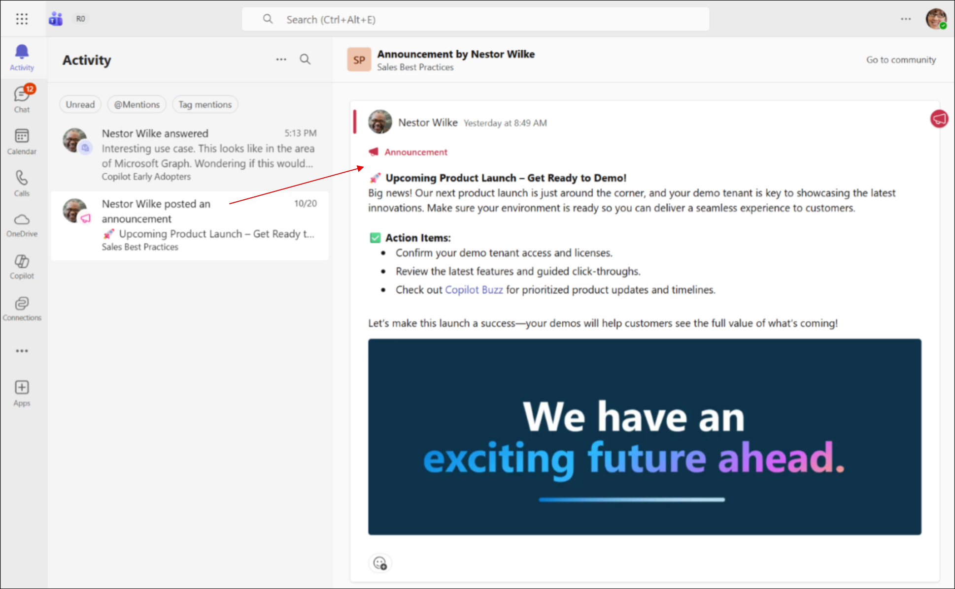 Screenshot: Auswählen eines Engage Elements im Teams-Aktivitätsfeed