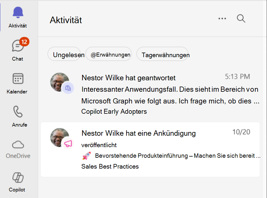 Bildschirmkappe mit Communityinhalten im Teams-Aktivitätsfeed