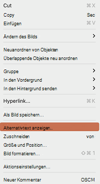 Die Option Alternativtext anzeigen im Kontextmenü in PowerPoint für Mac.