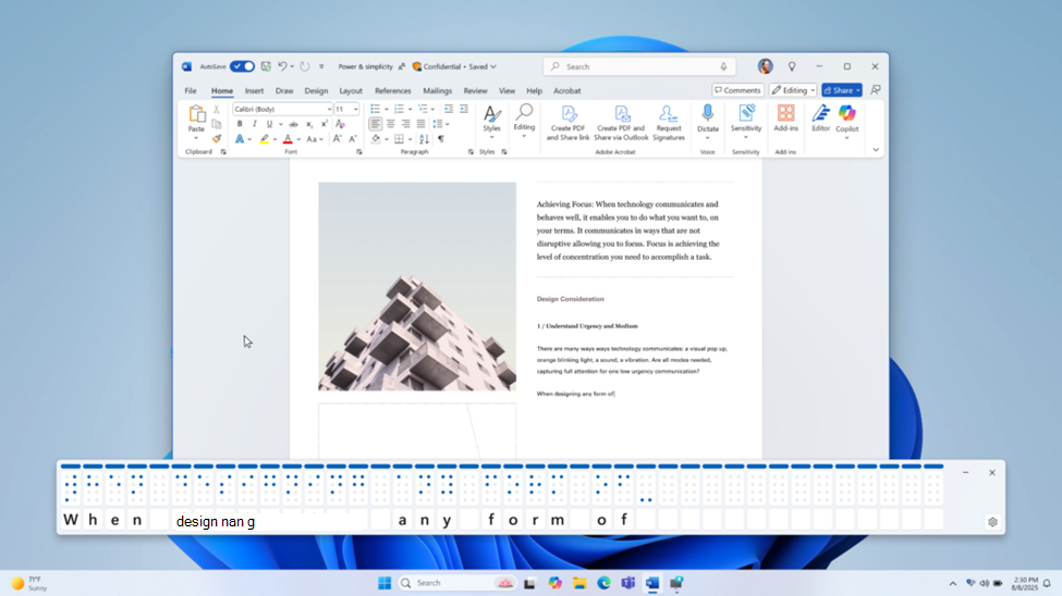 Text- und Braille-Darstellung auf dem Bildschirm, die über einem Word Dokument angezeigt wird.