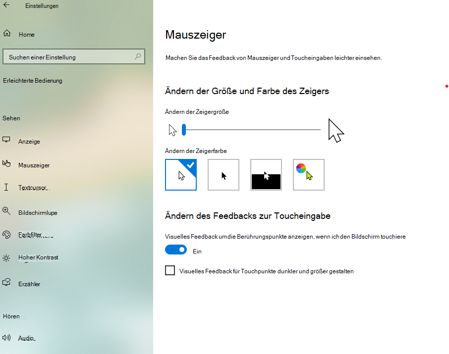 Ändern der Größe und Farbe des Zeigers in Windows 10 App 