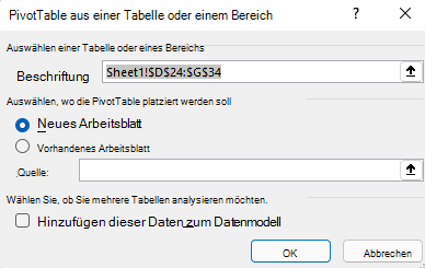Das Dialogfeld PivotTable erstellen in Excel für Windows zeigt den ausgewählten Zellbereich und die Standardoptionen an.