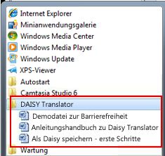 Startmenü mit Daisy-Dateien nach der Installation
