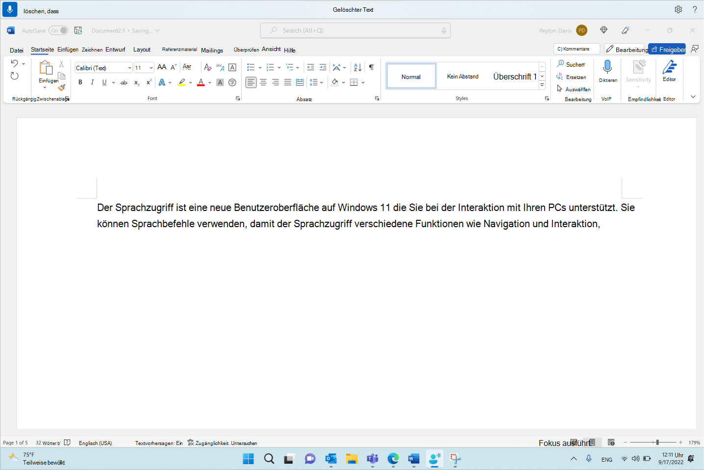 Word Dokument mit dem Sprachzugriffsbefehl Löschen.