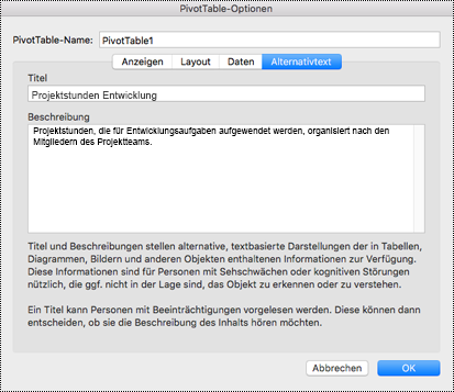 Dialogfeld für Alternativtext für eine Excel-PivotTable