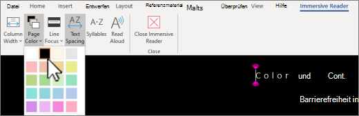 Das Menü Plastischer Reader Seitenfarbe in Word.