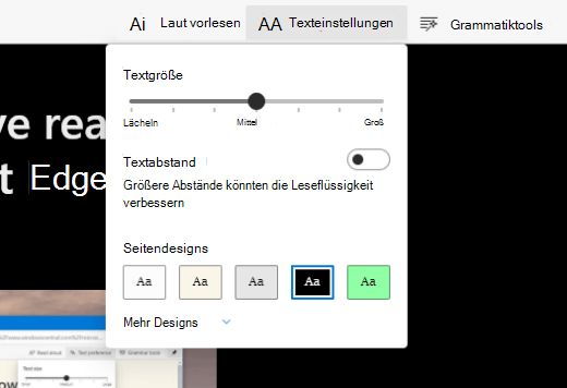 Die in Microsoft Edge aktivierte immersive Reader-Ansicht mit den Ansichtsmenüs.