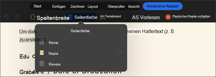 Screenshot des plastischen Readers mit ausgewählter Seitenfarbe, wobei die Optionen „keine“, „sepiafarben“ und „umgekehrt“ sind
