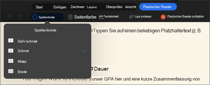 Screenshot des plastischen Readers mit ausgewählter Spaltenbreite, wobei die Optionen „sehr schmal“, „schmal“, „mittel“ und „breit“ sind