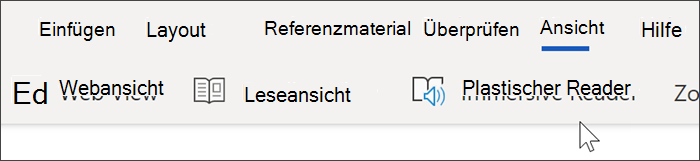 Screenshot der oberen Navigation von Word Online, wobei die Option „Ansicht“ ausgewählt ist und der Cursor auf den plastischen Reader zeigt.