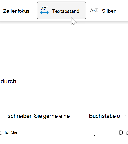 Screenshot der Textabstandsoption des plastischen Readers, wobei der Abstand zwischen Buchstaben und zwischen Wörtern größer ist