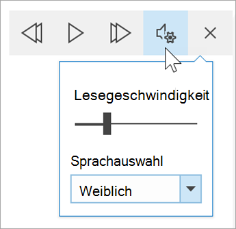Screenshot der Sprachoptionensymbolleiste für plastischen Reader. Die Maus zeigt die Einstellungen an, um eine Umschaltfläche für die Lesegeschwindigkeit und eine Dropdownliste für die Sprachauswahl anzuzeigen.