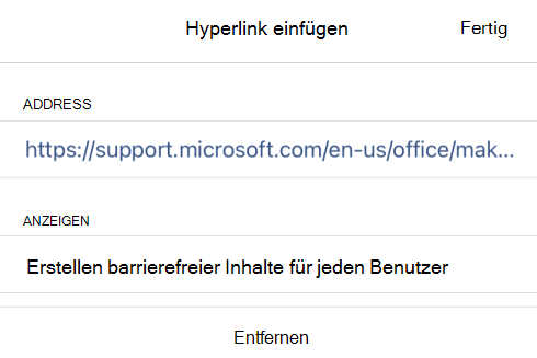 Das Dialogfeld Link einfügen in OneNote für iOS mit dem Linkanzeigetext Machen Sie Ihre Inhalte für alle benutzer zugänglich und die zugehörige Link-URL.