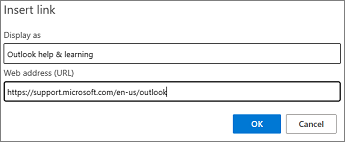 Das Dialogfeld Link einfügen in Outlook im Web.