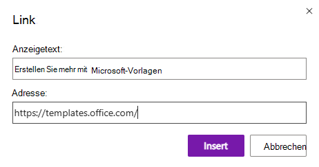 Das Dialogfeld Link einfügen in OneNote für das Web.