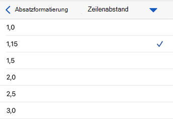 Zeilenabstandsoptionen in Word für iOS.