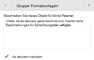 Das Dialogfeld Alternativtext, in dem das Kontrollkästchen Als dekorativ markieren in PowerPoint für Android ausgewählt ist.