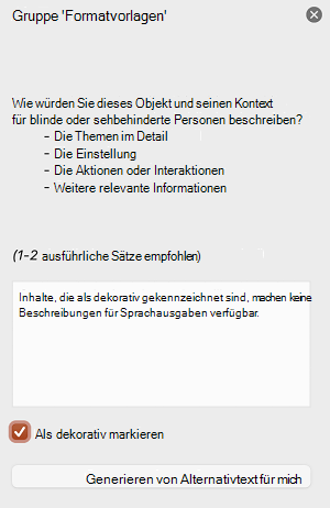 Das Kontrollkästchen Als dekorativ markieren ist im Bereich Alternativtext in PowerPoint für Mac aktiviert.