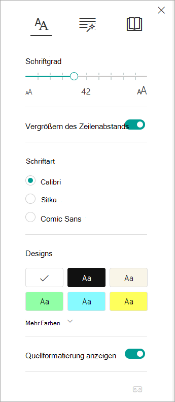 Textoptionen im plastischen Reader.