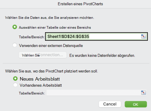 Das Dialogfeld PivotChart erstellen unter Mac.