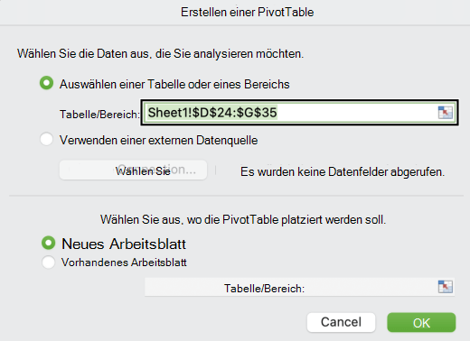 Das Dialogfeld PivotTable erstellen in Mac.