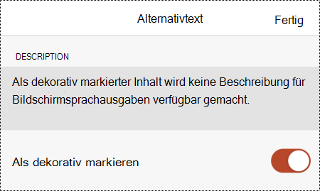 Die Option Als dekorativ markieren, die im Dialogfeld Alternativtext in PowerPoint für iOS ausgewählt ist.