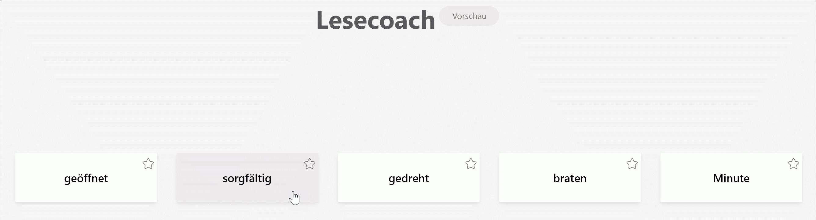 Screenshot der Kursteilnehmeransicht eines Lesecoachs mit den fünf Wörtern, die ein Schüler am meisten herausfordert hat, wobei der Cursor vorsichtig auf das Wort zeigt