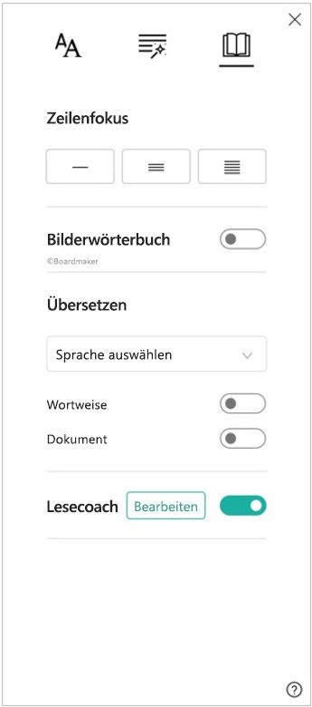 Screenshot des Bereichs „Leseeinstellungen“ des plastischen Readers, wobei Optionen für den Zeilenfokus, das Bildwörterbuch, Übersetzung und Lesecoach angezeigt werden.