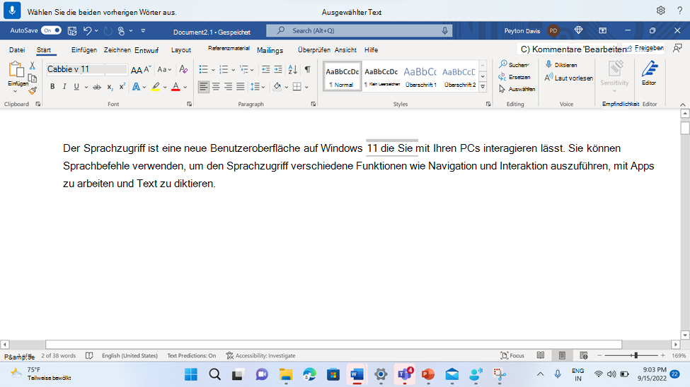 Word Dokument mit dem Sprachzugriffsbefehl zum Auswählen von zwei vorherigen Wörtern.