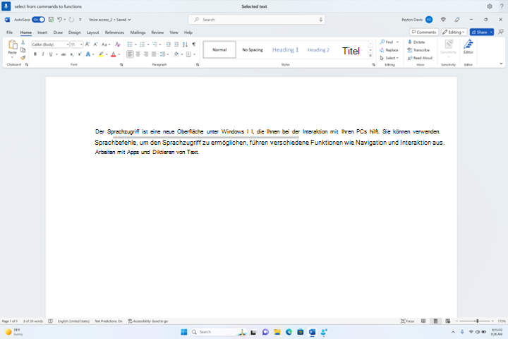Auswählen eines Textbereichs mithilfe des Sprachzugriffs.